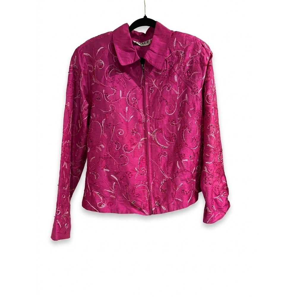 Anage Womens 100% Silk Embroidered Sequin Zip Front Jacket Magenta Pink XL